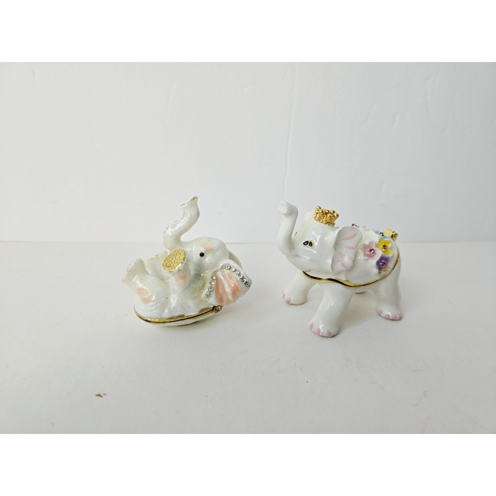 Decorative Trinket Box rhinestone hinged white elephant pair flowers crown